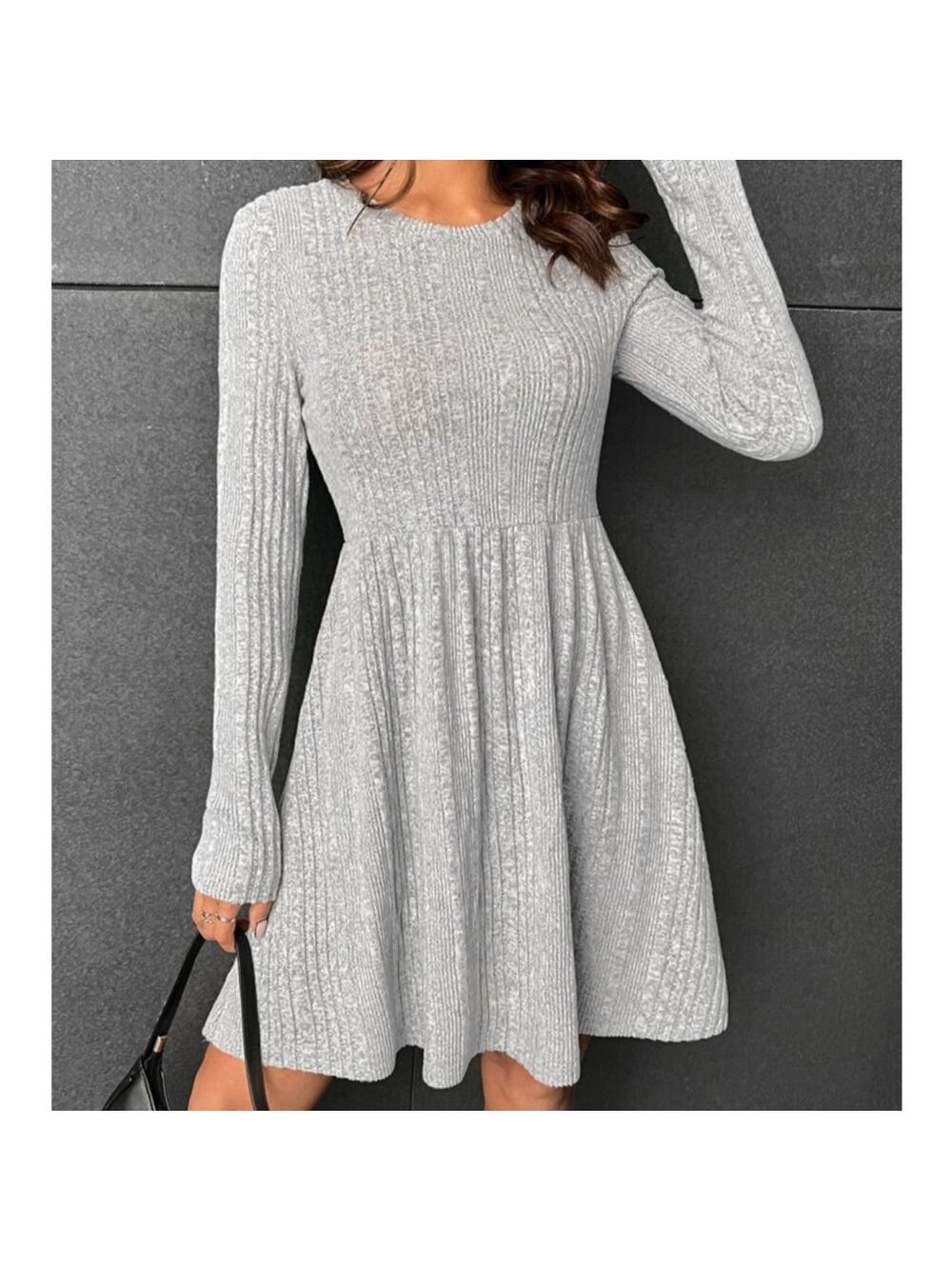 Grey Ribbed Knit Fit & Flare Sweater Dress Long Sleeve Minimalist Size M